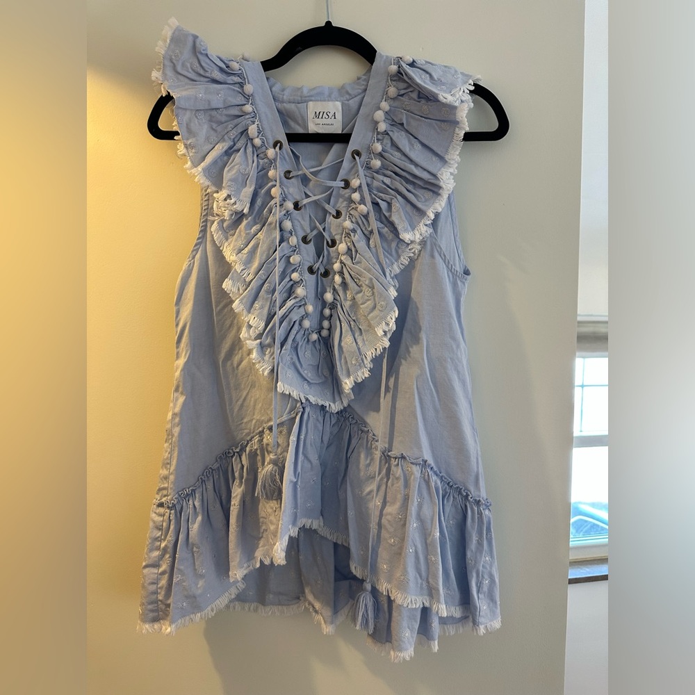 Misa Los Angeles Blue Embroidered Ruffle Top - Picture 2 of 5